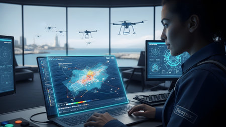 Professional monitoring drone operations and analyzing complex data in a modern control center