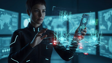 A woman uses advanced holographic interface to manage global data with a smartphone