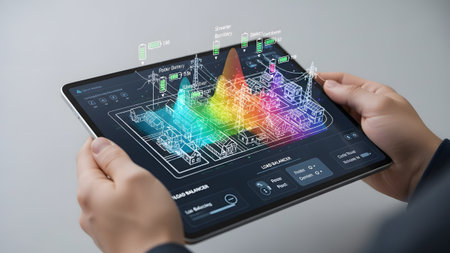 Augmented reality technology displaying a complex 3d building model with data visualization on a...