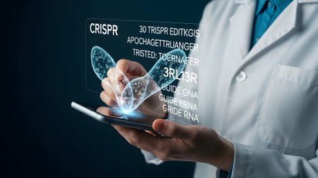 Scientist interacts with holographic crispr gene editing data on a futuristic smartphone