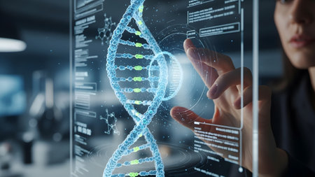 Female scientist analyzing a futuristic holographic dna model and genetic data in a modern lab