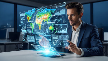 Businessman analyzing global data and market trends using advanced holographic interface