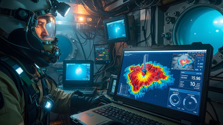 Deep-sea explorer monitors advanced sonar data from inside a high-tech submersible