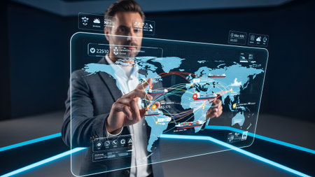 Businessman interacting with a futuristic global logistics and supply chain interface