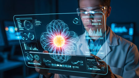 Scientist using futuristic transparent display for advanced biological research