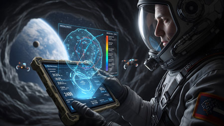 Astronaut exploring a distant planet from a cave using advanced holographic technology