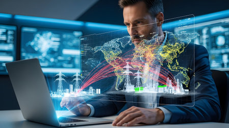 Businessman interacting with advanced global data visualization and smart infrastructure