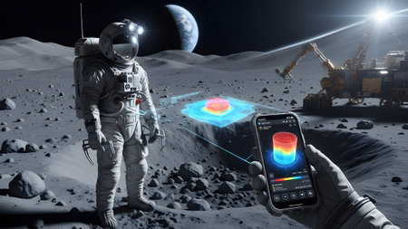 Astronaut on the moon analyzing holographic data with a smartphone