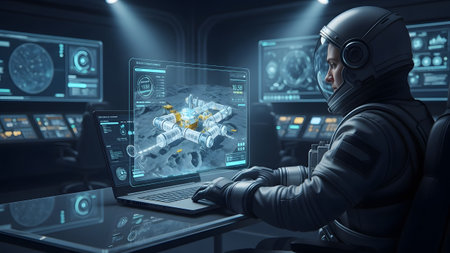 Astronaut engineer designing a lunar base using advanced holographic technology on a laptop