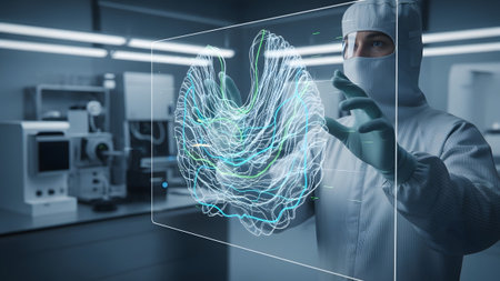 Scientist in a cleanroom suit interacts with a holographic 3d brain model in a high-tech lab