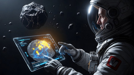Astronaut examining a distant asteroid's composition using advanced holographic tablet technology in...