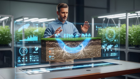 Agricultural engineer analyzing smart irrigation and soil data with holographic display