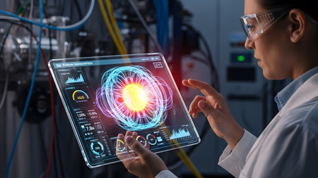 Scientist in a lab interacting with a transparent tablet showing advanced data visualization
