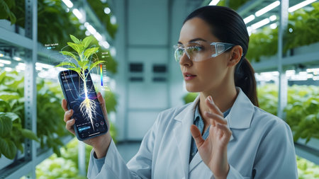 Scientist uses smartphone with augmented reality to monitor plant growth in a vertical farm