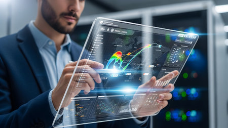 Businessman analyzing holographic data on a transparent tablet in a server room