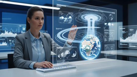 Woman utilizing advanced holographic display for global data analysis and future technology