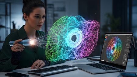 Woman illuminating a complex holographic neural network, symbolizing data analysis and artificial...