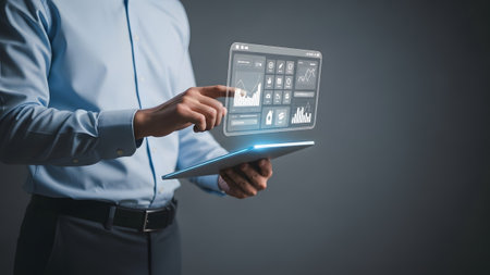 Man interacting with a holographic display showing business intelligence data on a tablet