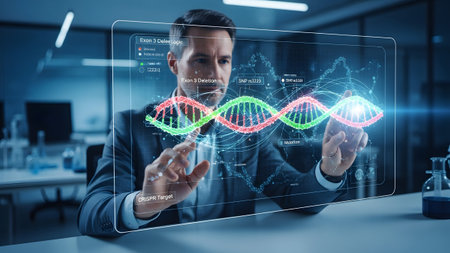 Biotechnologist exploring genomic data on innovative holographic interface in modern lab