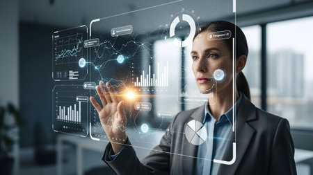 Businesswoman analyzing futuristic holographic data interface in a modern office environment