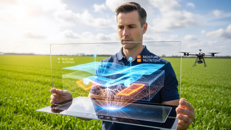 Precision farming: farmer analyzing crop data with augmented reality and drone technology