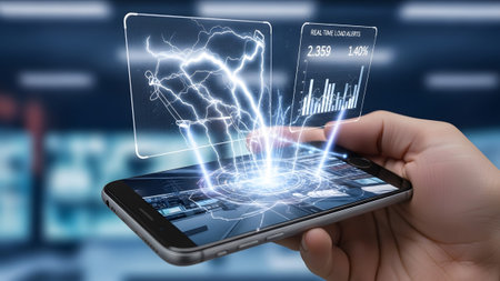Innovative smartphone displaying futuristic holographic data and lightning energy