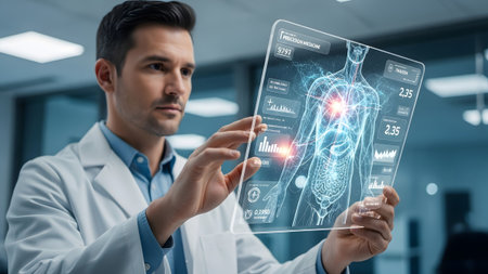 A doctor analyzing a holographic human body scan on a transparent display for advanced medical...