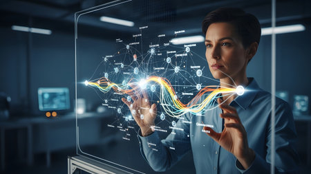 Woman interacting with a futuristic transparent screen displaying a complex data network