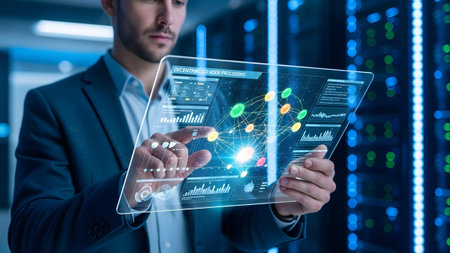 Businessman analyzes advanced data on a futuristic transparent tablet in a high-tech server room