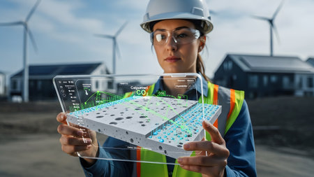 Female engineer using holographic technology to analyze sustainable building materials in a...