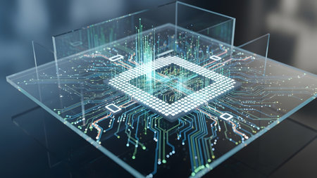 Advanced transparent circuit board with a glowing microchip symbolizing data processing