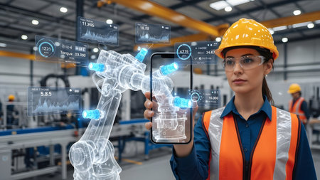 Female engineer utilizing augmented reality on smartphone to monitor robotic arm in smart factoryの写真素材
