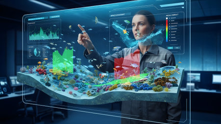 A scientist analyzing a vibrant marine ecosystem using an advanced holographic displayの写真素材