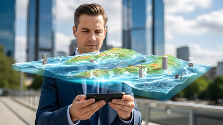 Businessman interacting with an augmented reality 3d model of a smart city or environment