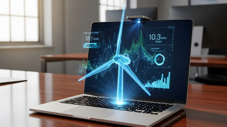 Holographic wind turbine on laptop screen symbolizing sustainable energy data and future technology
