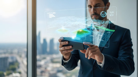 Businessman interacting with augmented reality interface displaying global network data on his...