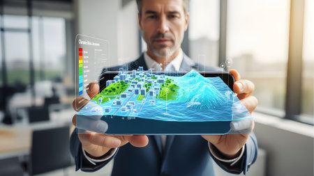 Businessman presenting a 3d holographic map of an island with environmental data on a smartphone
