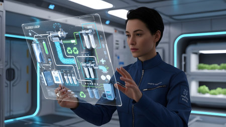 A scientist monitors a sophisticated closed-loop recycling system on a futuristic holographic...