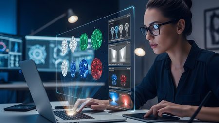 Professional utilizing advanced technology for virtual gem design and analysis and data...