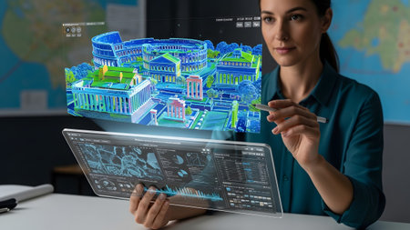 Woman engaging with a holographic smart city model for advanced urban development