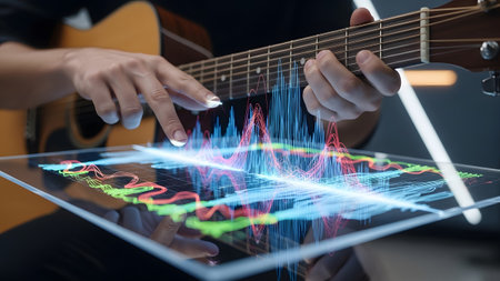 Acoustic guitar player interacting with digital sound visualization on transparent tablet