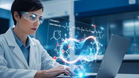 Female scientist utilizing advanced computational tools to analyze complex molecular structures