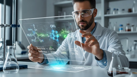 Scientist using a futuristic transparent display for advanced molecular research and development