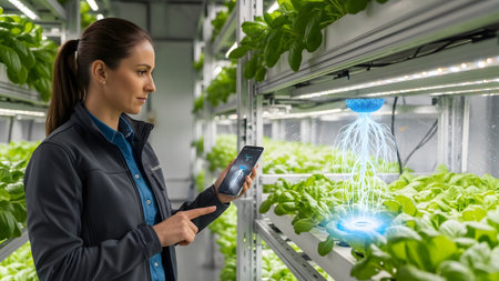 Woman analyzing smart plant growth data in a high-tech vertical farm environment