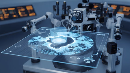 Futuristic laboratory showcasing advanced data visualization and robotic research