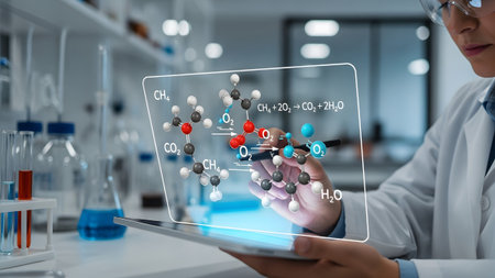 Scientist uses augmented reality tablet to visualize and analyze complex chemical reactions