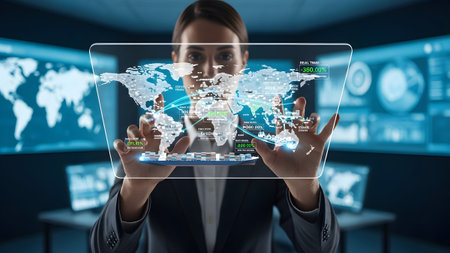 Businesswoman interacting with a futuristic global data map on a holographic display