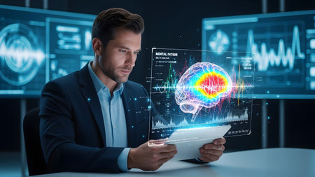Scientist analyzing an advanced holographic display of a human brain with data
