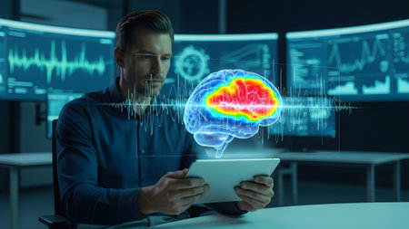 Scientist analyzing an interactive holographic brain model with advanced neural data visualization