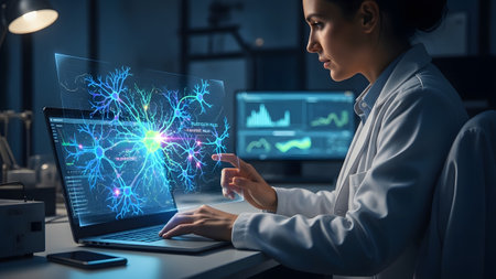 Female scientist deeply engrossed in advanced neural network analysis with holographic interaction